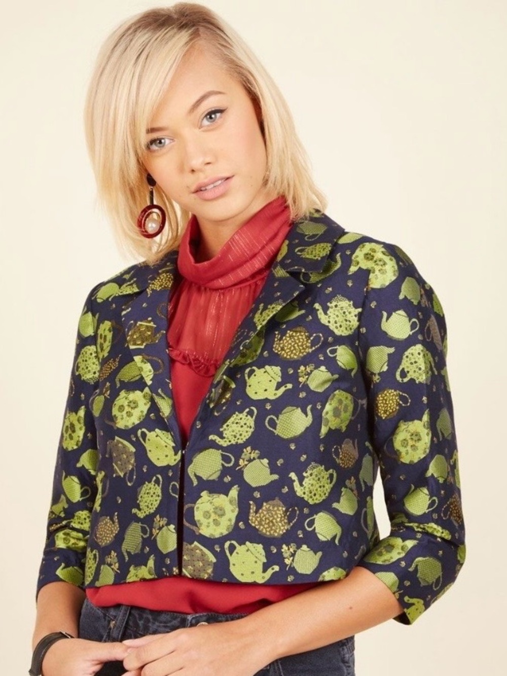 ModCloth Navy Cropped Blazer with Green Teapot Motif